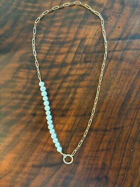 Gold Paperclip Chain Necklace with Faux Pearls and Pave Ring Clasp
